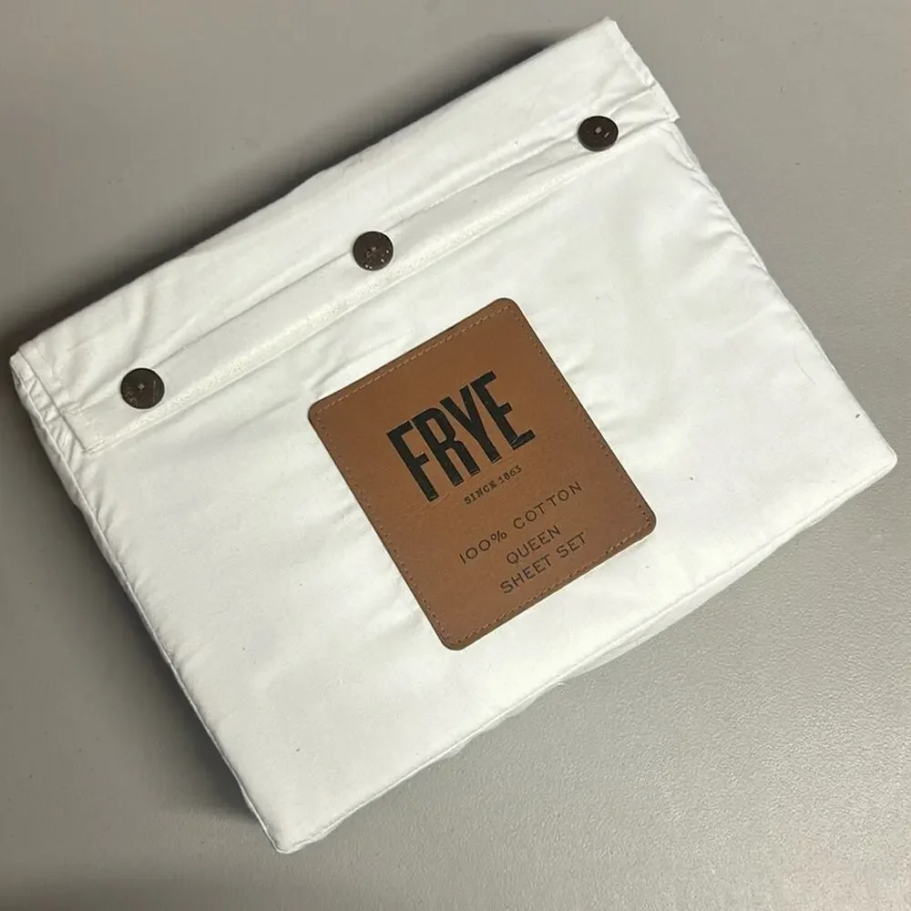 Frye Queen Sheet 4 Pc Set Flat Fitted Pillowcase White 100% Cotton Brand New